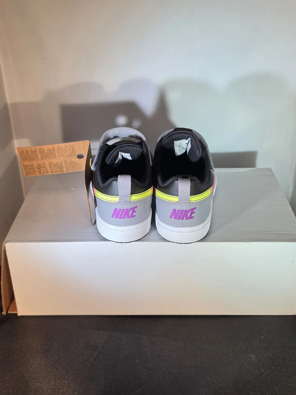 Nike Kids Gray Black Sneakers with Neon Yellow-Pink Gradient Swoosh